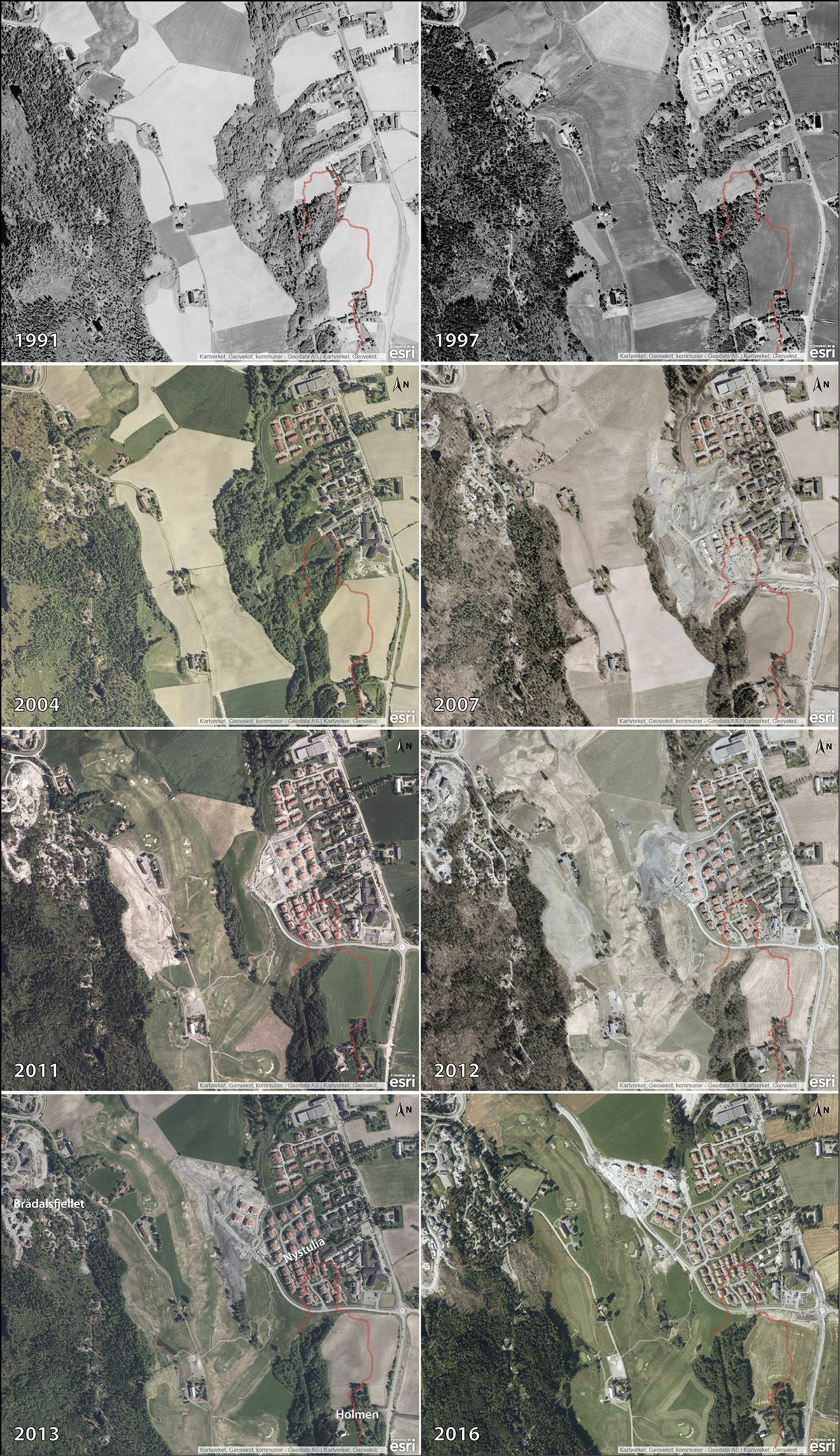 Utvalgte flyfoto som viser endringer i terreng og arealbruk i Ask-området mellom 1991 og 2016. Bakkanten til løsneområdet 30. desember 2020 er tegnet inn. Flyfoto fra Kartverket.