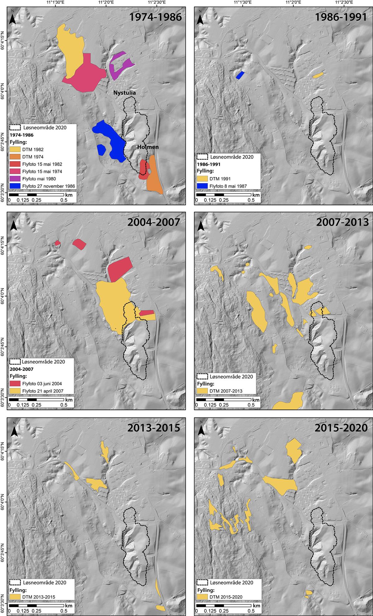 Arealer som har blitt fylt ut mellom 1974 og 2020 i Ask-området, i forbindelse med utbygging eller jordbruksplanering. Arealene er kartlagt fra vertikalfoto og terrengmodeller fra Kartverket. Bakgrunnskartet er terrengmodell fra 2020 for alle intervallene.