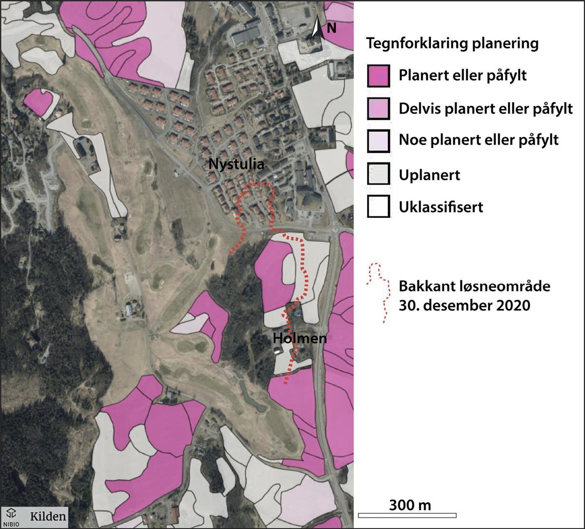 Planerte og påfylte arealer knyttet til jordbruksarrondering ved Ask. Skjermdump fra www.kilden.nibio.no