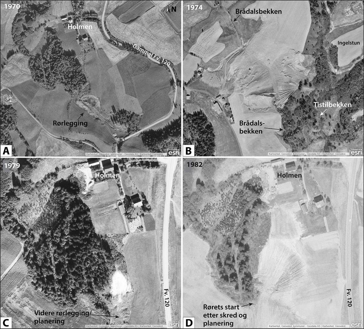 A: Sør for Holmen ble deler av Tistilbekken lagt i rør rundt 1970. B: Deler av Brådalsbekken ble lagt i rør og arealene rundt ble planert i 1974. C: Fylling på Holmen og bakkeplanering i sør. D: Sør for Holmen gikk det et skred ca. 1980 i forbindelse med planeringsarbeid, og området ble fylt igjen årene etter. Flyfoto fra Kartverket.
