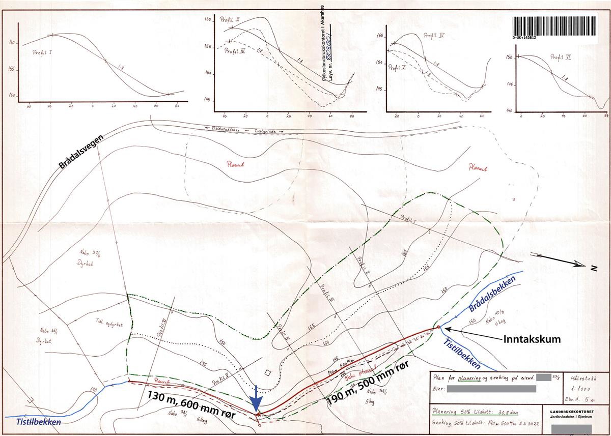 Plan for bakkeplanering og lukking av Tistilbekken på gnr. 37 bnr. 8, som viser utstrekning av planeringsfeltene og strekningen som ble lukket (rød strek). Opprinnelig skulle kun øvre bekkedel lukkes, men lukkingsanlegget måtte forlenges nedstrøms den blå pilen. Kartet er fra Landbrukskontorets plandokumenter, med utvalgets påtegninger og sladding.