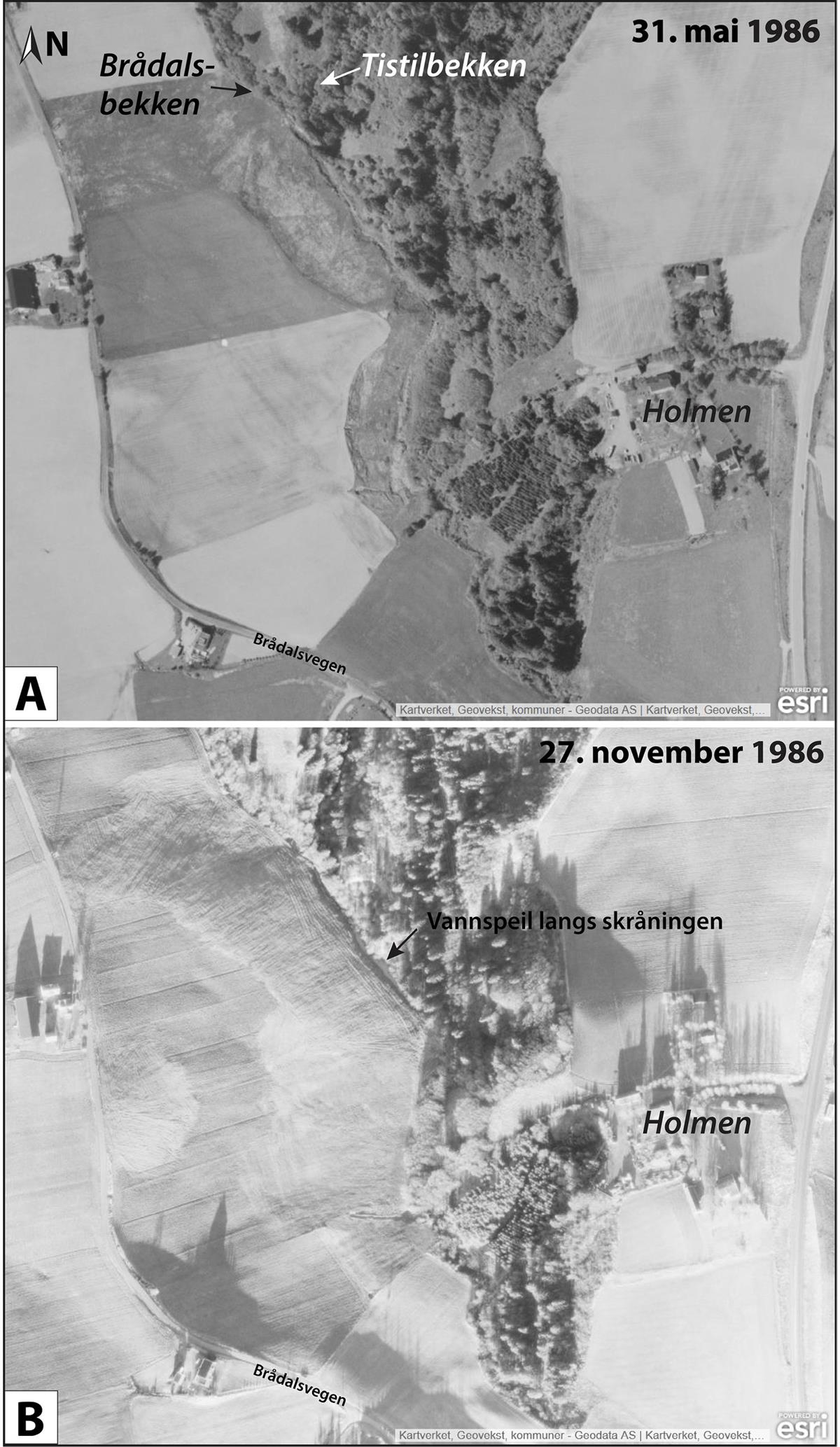 Bekkelukking/rørlegging av deler av Tistilbekken. A: Vegetasjonen langs bekken er fjernet, og grøfting og rørlegging er gjennomført. B: Senkning og planering er utført. Flyfoto fra Kartverket.