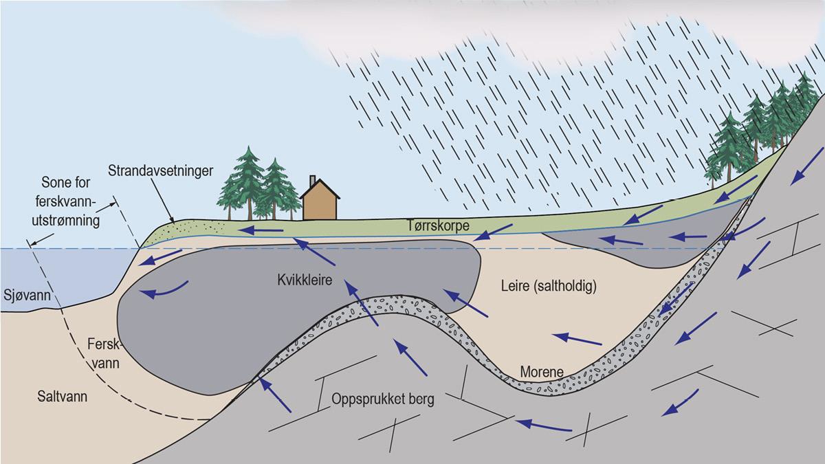 Skisse over hvor kvikkleire ofte dannes: inn mot fjellsida, over opp-stikkende fjell og i skråning ned mot sjø (samme prinsipp i skråning ned mot elv/bekk). Dette er i stor grad avhengig av hvordan grunnvannet beveger seg lokalt og kan vaske ut salt. Pilene viser grunnvannets strømning gjennom oppsprukket berg og løsmasser. Figur fra NVE (2020).