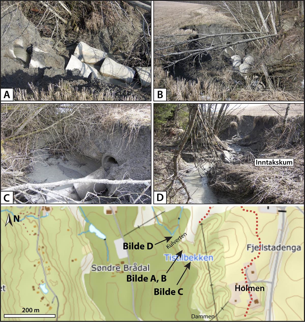 Deler av Tistilbekken ble lukket i 1986. Erosjon rundt rørene samt i overflaten langs skråningen førte til at rørene etter hvert gikk i dagen. Kartet viser omtrentlig hvor bildene er tatt. Foto er tatt i 2008 av S. Myrabø.