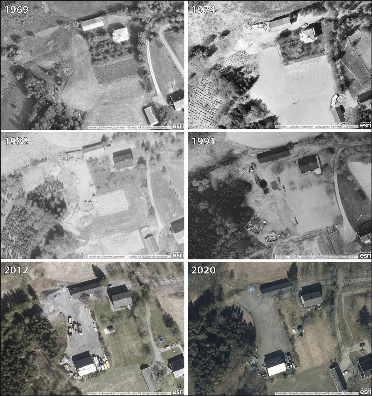 Utvalgte flyfoto for Holmen fra 1969 til 2020. Utfylling mot vest startet tidlig på 1970-tallet og fortsatte stegvis i tiårene etterpå. Utfyllingen ble gjort for å utvide oppstillingsplass for biler og annet. Flyfoto fra Kartverket.