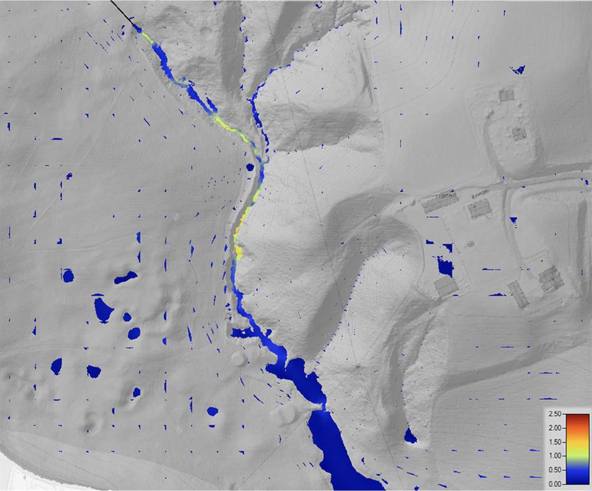 Vannhastighet for vannføring 0,6 m3/s. Kritisk grense for erosjon er satt til 1m/s. (Sweco, 2021)