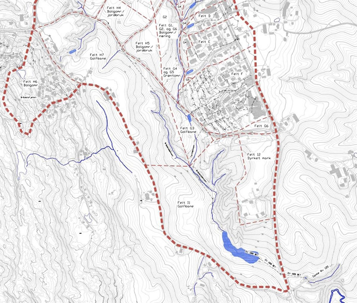 Utsnitt fra kart over fremtidig situasjon fra Asplan Viaks plan for overvannshåndtering (Asplan Viak, 2009)