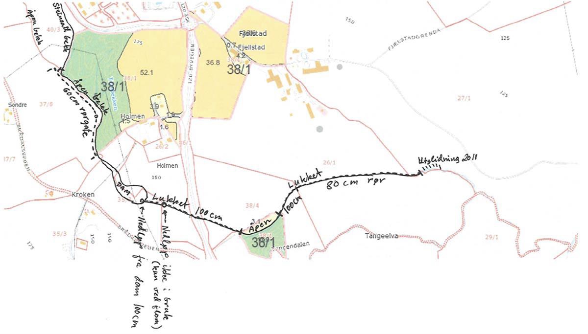 Oversiktskart med bekken påtegnet, vedlagt brev fra grunneier, av 28. november 2011.