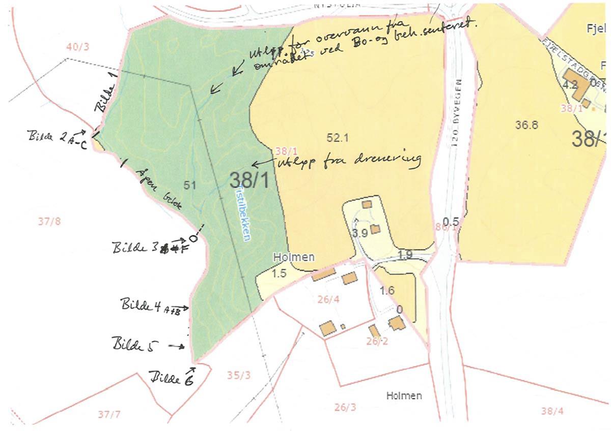 Kart over området ved Holmen, med bilder stedfestet. Vedlagt brev fra grunneier, av 28.november 2011.