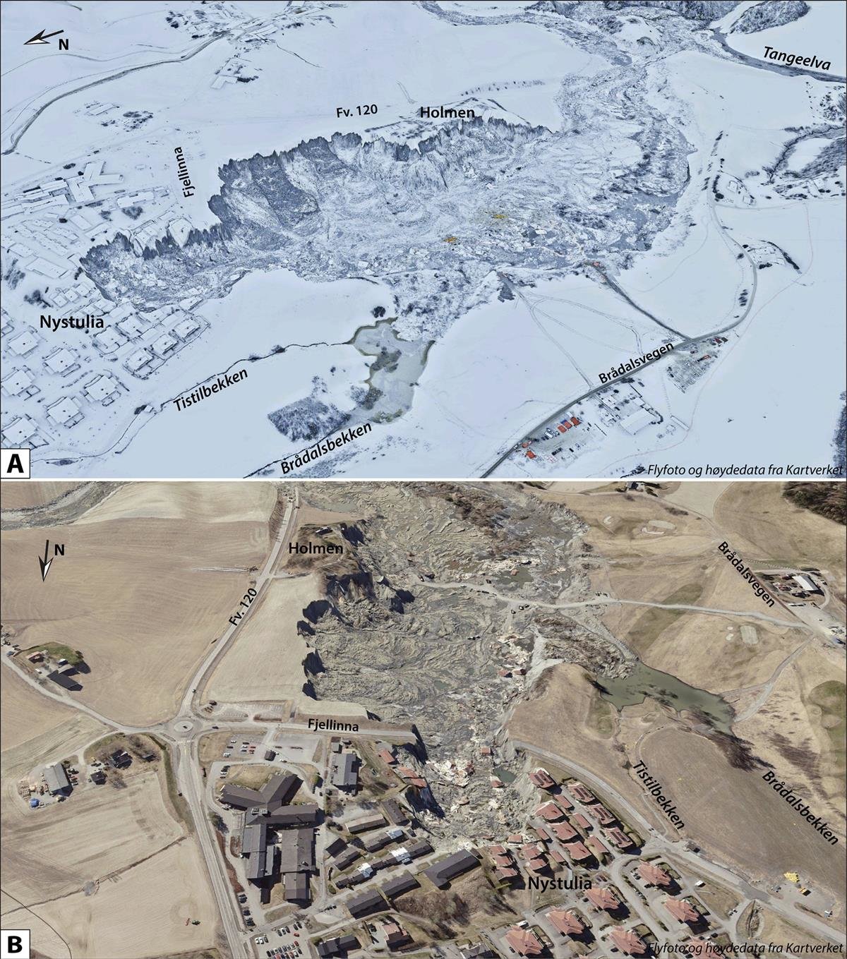Skredområdet i Ask hvor flyfoto er drapert over høydemodell. A: Flyfoto fra 8. januar 2021, og B: 23. april 2021. Laget av F. Høgaas, NGU.