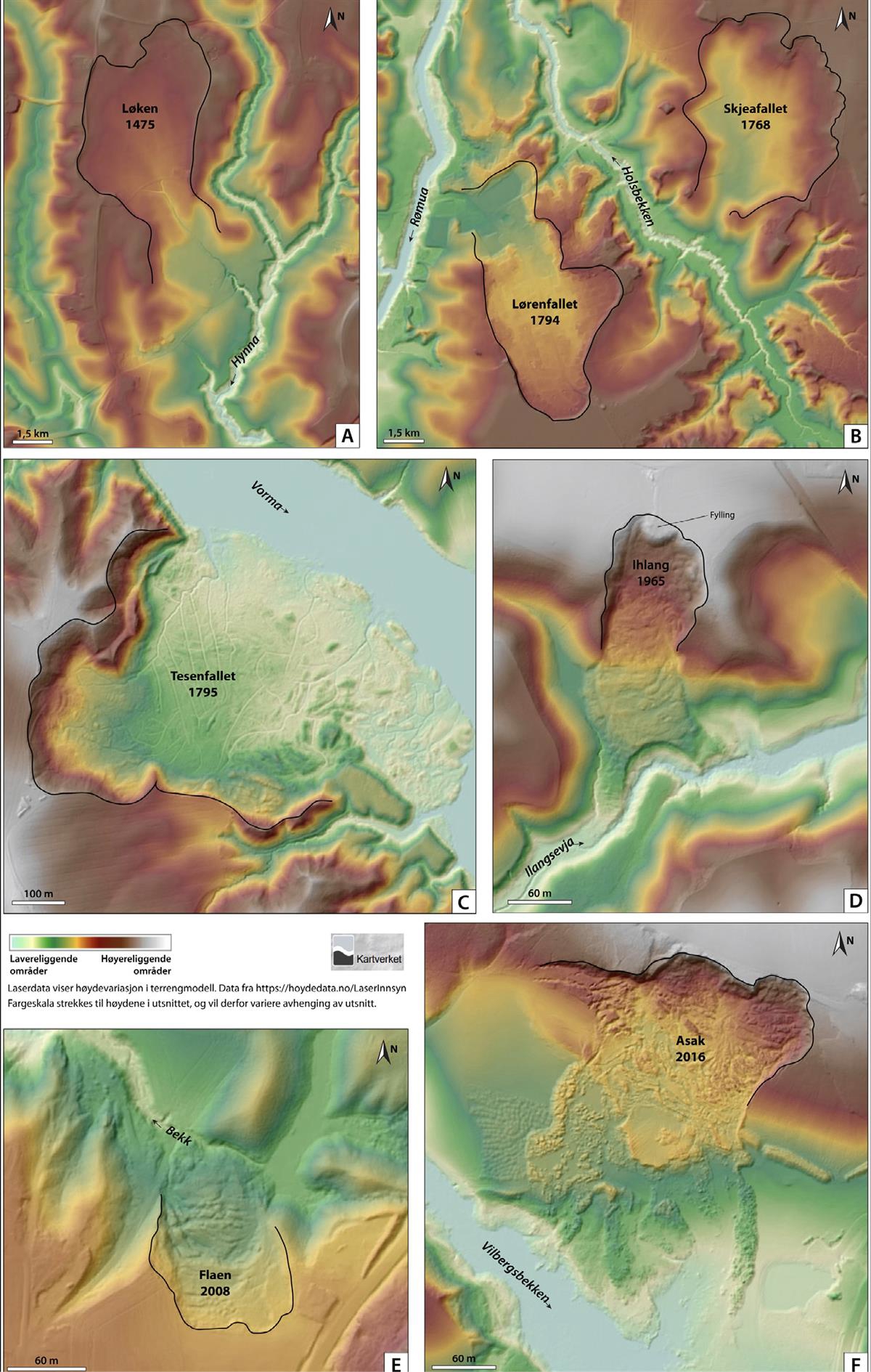 Utsnittene i figuren er fra terrengmodeller, og noen av skredene er flere hundre år gamle. Legg også merke til at Vorma ikke har erodert bort alle skredmassene fra Tesenfallet (C). Også i den nyere skredhendelsen ved Ihlang er skredmassene godt synlig (D). Den lille bekken Ilangsevja har erodert seg litt inn i skredmassene. De to siste eksemplene (E og F) ble utløst av fylling som overbelastet ter-renget. Laserdata fra Kartverket (2021).