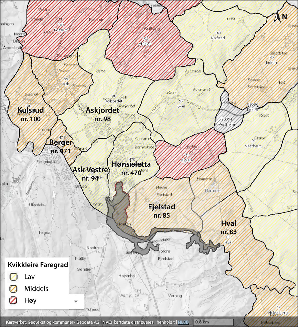NVE faresoner slik de vises i NVE Temakart (NVE, 2021b). Skredområdet er lagt inn.