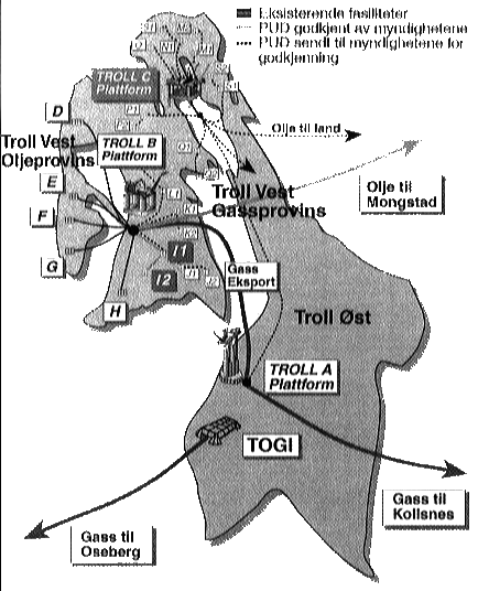 Figur 2.1 Kart over vedtatte og planlagte produksjonsanlegg i Trollområdet