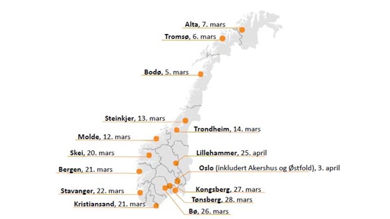 Norgeskart markert med dato og plassering for de 15 regionale samlingene om kommuneloven