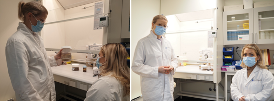 Veterinær og forsker ved Veterinærinstituttet Ingebjørg Nymo viser statsråd Sandra Borch rundt i lokalene til Veterinærinstituttet.