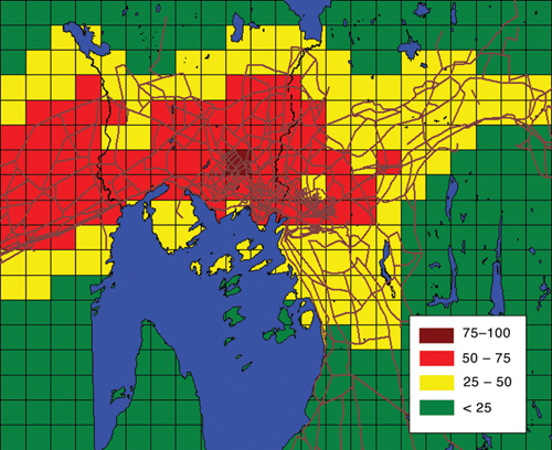 Figur 10.6 Overskridelser av nasjonalt mål for svevestøv
 i 2001 i Oslo (g/m3
 ). Figuren viser beregnet konsentrasjon
 av svevestøv. I ruter med rød og brun farge overskrides
 nasjonalt mål for svevestøv