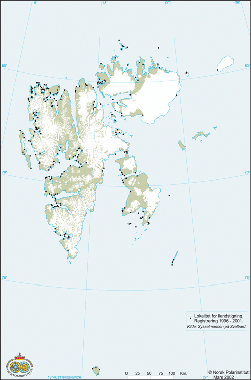 Figur 11.3 Lokaliteter for ilandstigning av turister på Svalbard