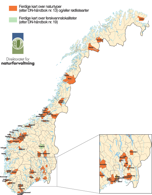 Figur 4.4 Kart over kommuner som har kartlagt sitt biologiske mangfold
 1999–2002