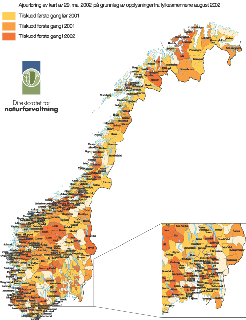 Figur 4.5 Kart over kommuner som har fått tilskudd til kartlegging
 av sitt biologiske mangfold
 1999–2002