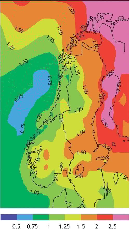 Figur 1.2 Økning i vinterens gjennomsnitt av døgnets
minimumstemperatur (°C)