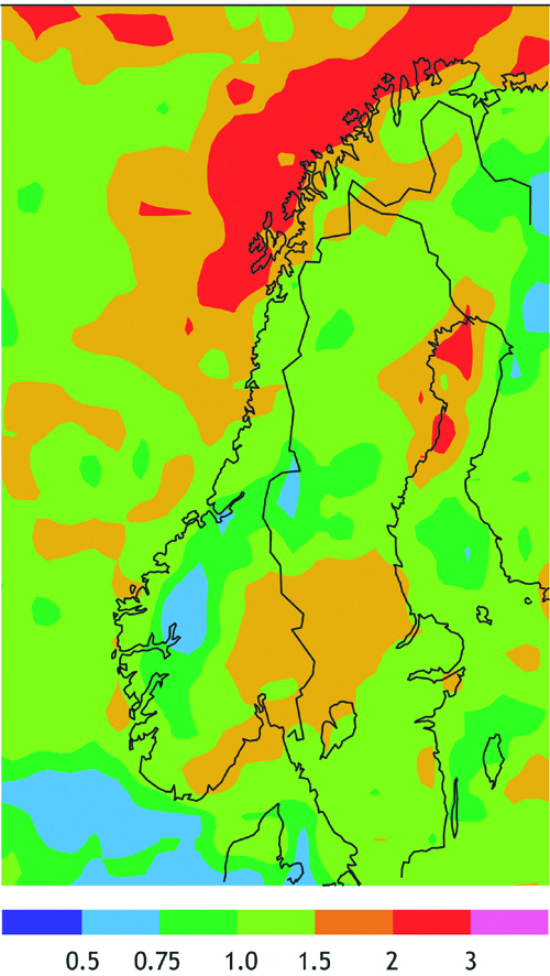 Figur 1.3 Økt forekomst av sterk vind (2 betyr dobbelt så ofte).
Sterk vind er den styrke som i 1980–2000 normalt ble oversteget
en gang per år