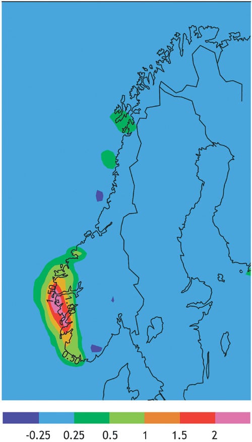 Figur 1.4 Økning i antall dager i året med nedbør mer
enn 50 mm i døgnet