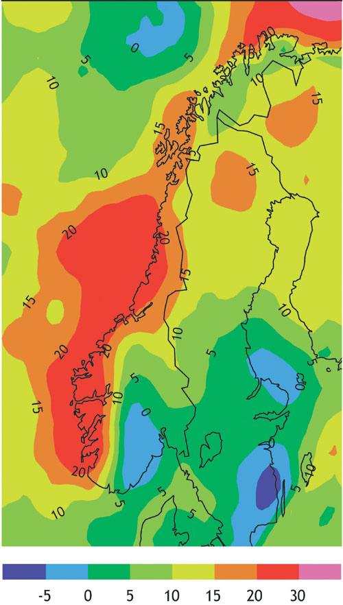 Figur 1.5 Økning i nedbør om høsten (%)
