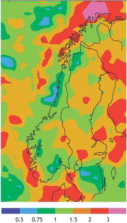 Figur 1.6 Økt forekomst av store nedbørmengder pr.
døgn om vinteren (2 betyr dobbelt så ofte). Store
mengder er slike som i 1980–2000 normalt ble overskredet
ett døgn pr. vinter