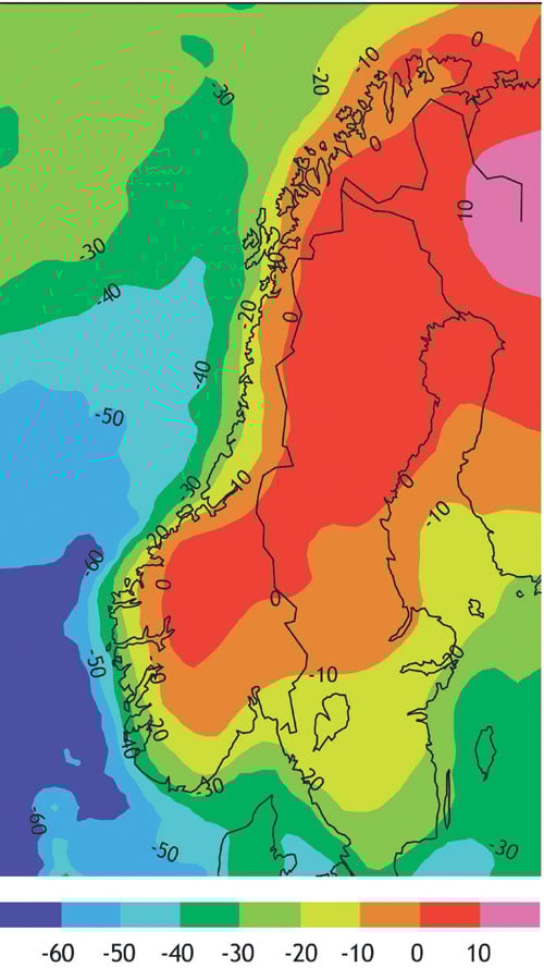 Figur 1.7 Økning i nedbør som snø om vinteren (%)