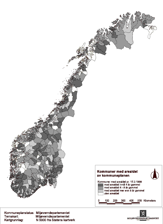 Figur 3.1 Kommuner med gyldig arealdel til kommuneplanen pr. 15. februar 1999.