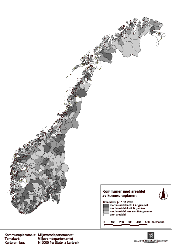 Figur 3.2 Kommuner med gyldig arealdel til kommuneplanen pr. 1. november 2000.