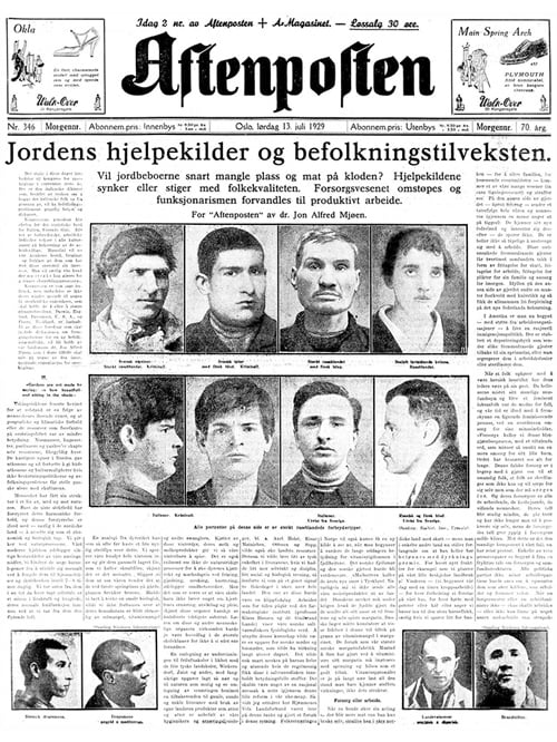 Figur 4.4 Faksimile av forside i Aftenposten, 13. juli 1929.
