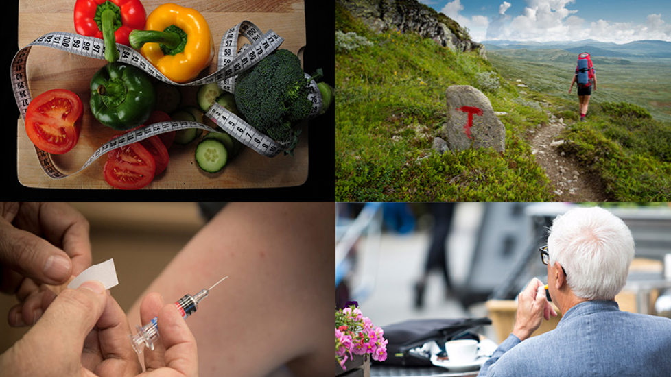 Kollasj av bilder med grønnsaker, turområde, vaksinestikk og røykende mann