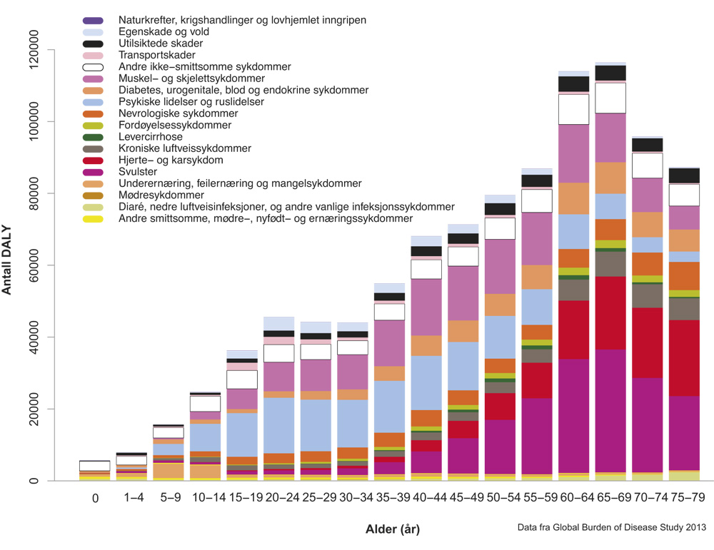 Figur 2.5 Antall DALY fordelt på sykdomsgrupper etter alder – Norge 2013.
