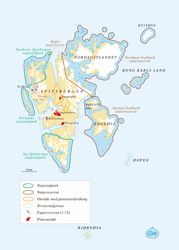 Figur 6.1 Grenser for verneområder, planteartsfredninger, arealplanområder
 og territorialfarvann på Svalbard