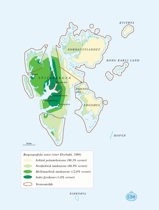 Figur 6.5 Verneandeler for ulike biogeografiske soner på Svalbard