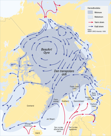 Figur 8.1 Kart over havisutbredelse og havstrømmer i Arktis