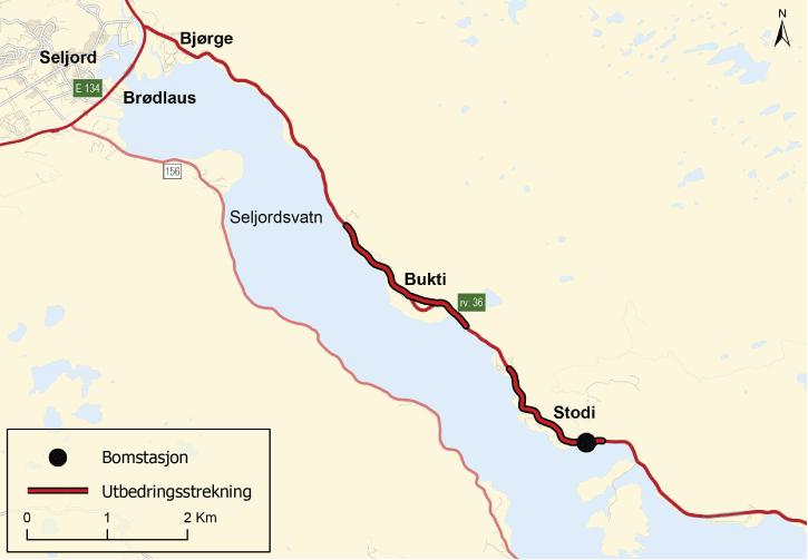 Figur 2.1 Rv 36 Bø – Seljord – utbetringsstrekningane Stodi og Bukti.
