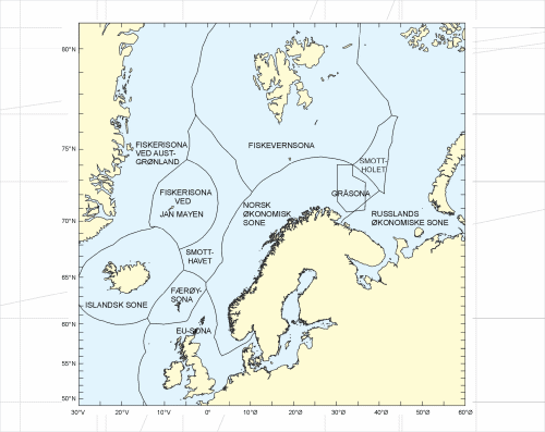 Figur 2.1 viser dei ulike sonene under norsk jurisdiksjon og dei internasjonale havområda Smottholet i Barentshavet og Smotthavet i Norskehavet 