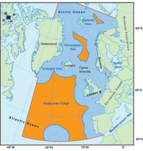 Figur 3.3 NEAFC sitt konvensjonsområde merka i blått, myndigheitsområde er merka i oransje. 