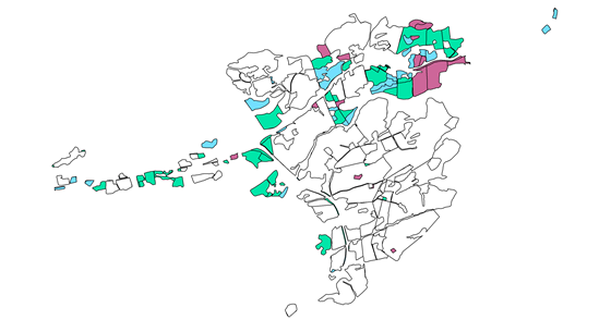 Kartet viser registrert jordbruksareal i ein kommune.