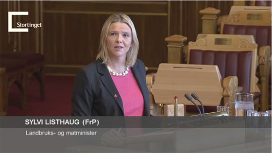 Landbruks- og matminister Sylvi Listhaug under spørjetimen på Stortinget i dag.
