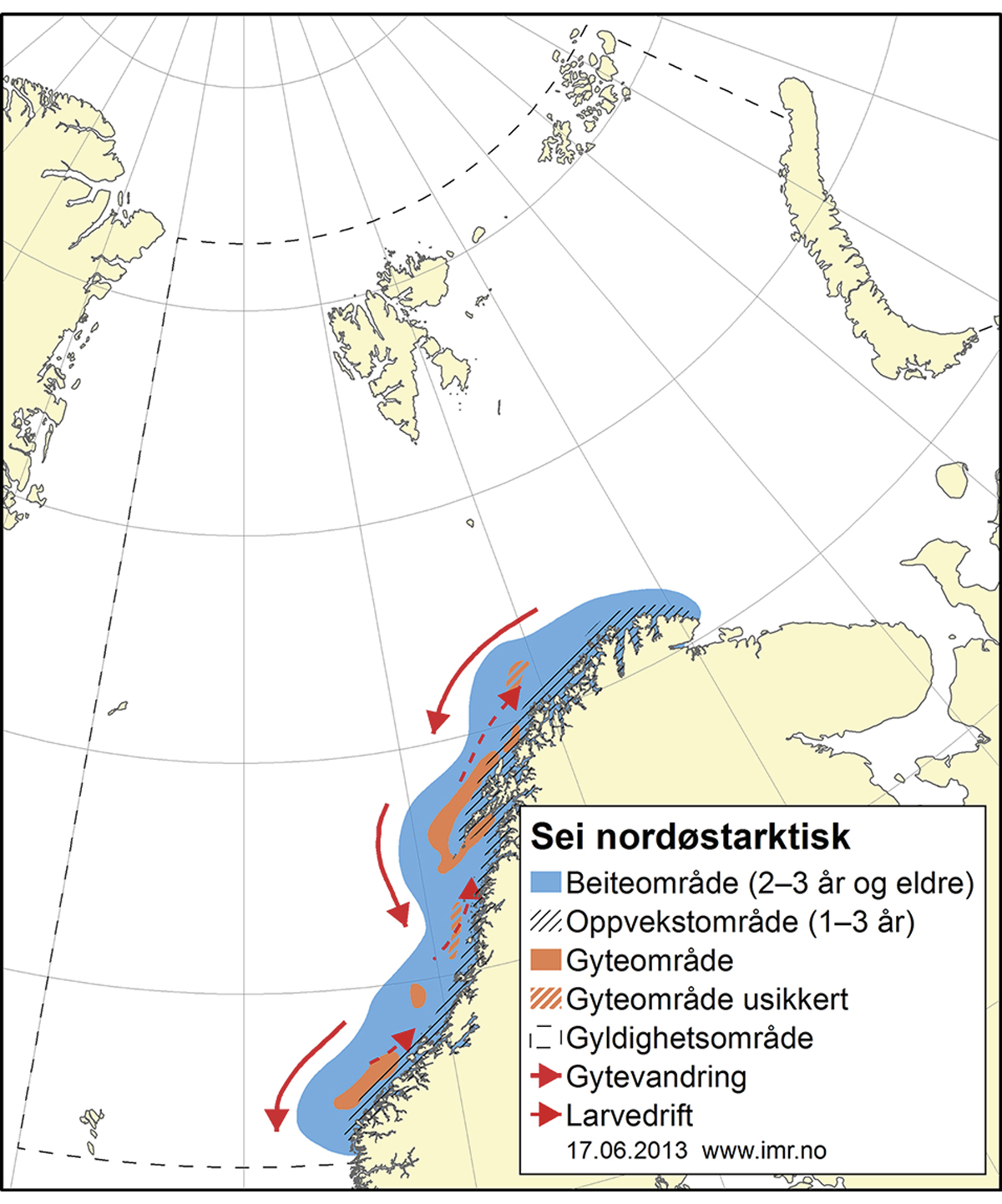 Figur 4.12 Utbreiingsområde og gyteområde for nordaustarktisk sei.