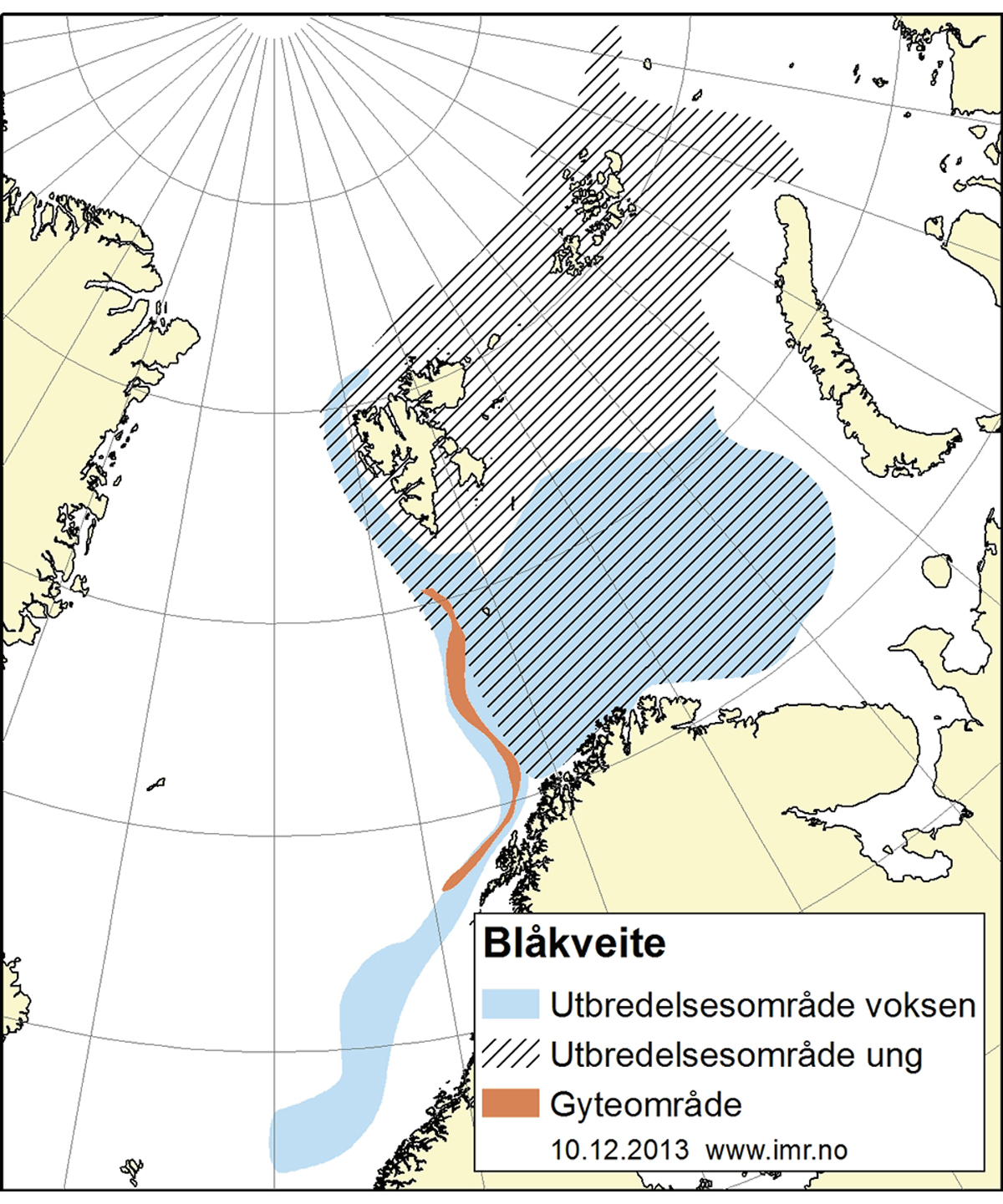 Figur 4.15 Utbreiingsområde og gyteområde for nordaustarktisk blåkveite.