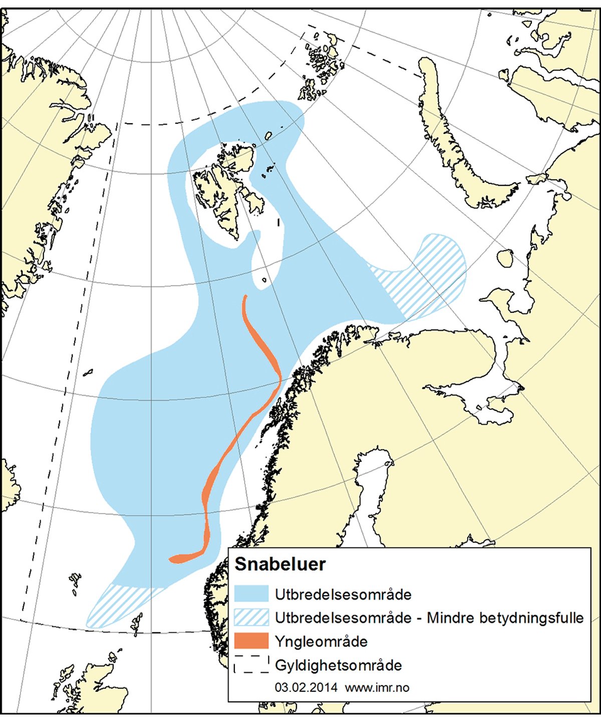 Figur 4.18 Utbreiingsområde og gyteområde for snabeluer.