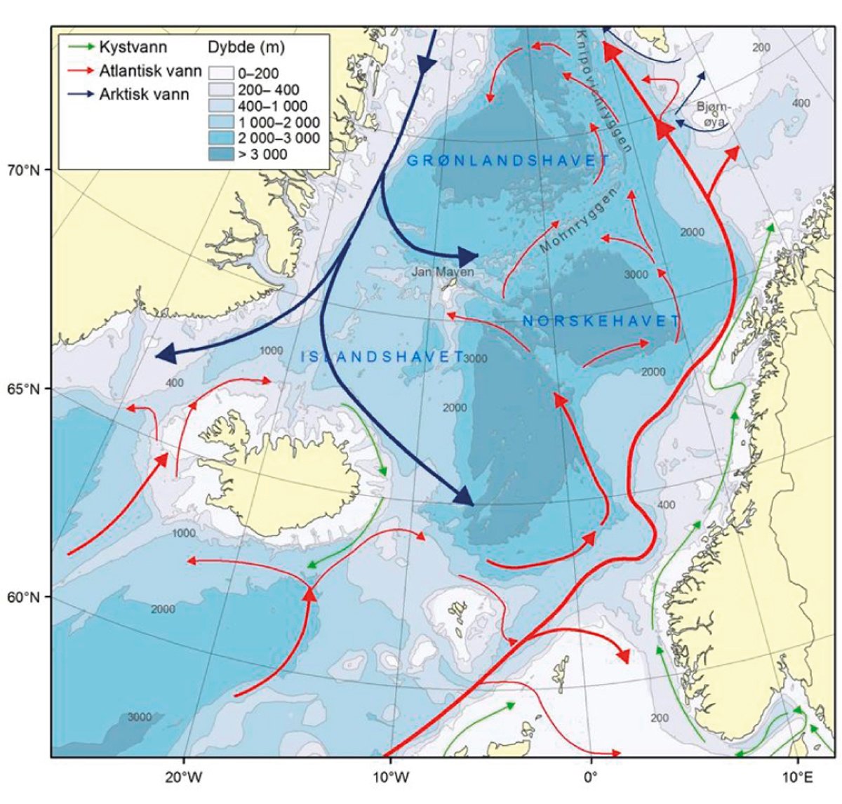 Figur 4.23 Norskehavet – straumar og djupn.
