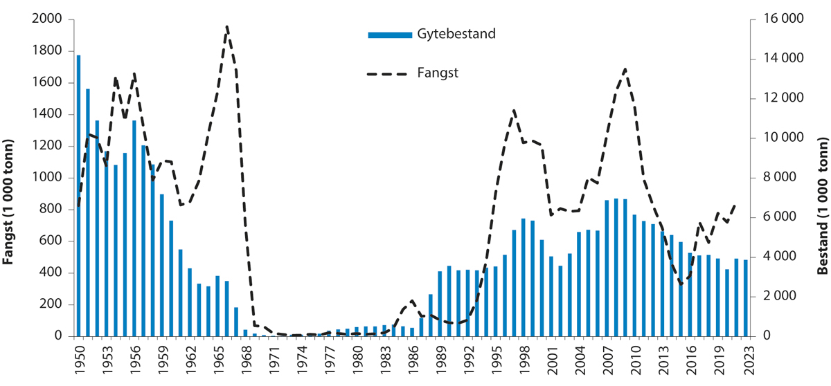 Figur 4.28 Utviklinga i bestand og fangst av norsk vårgytande sild.