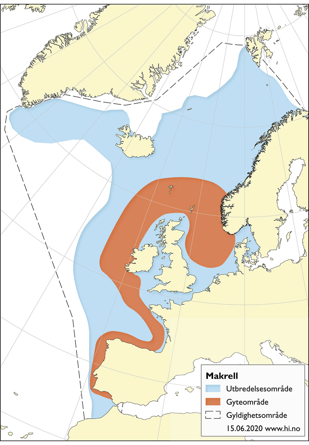 Figur 4.30 Utbreiingsområde og gyteområde for nordaustatlantisk makrell.