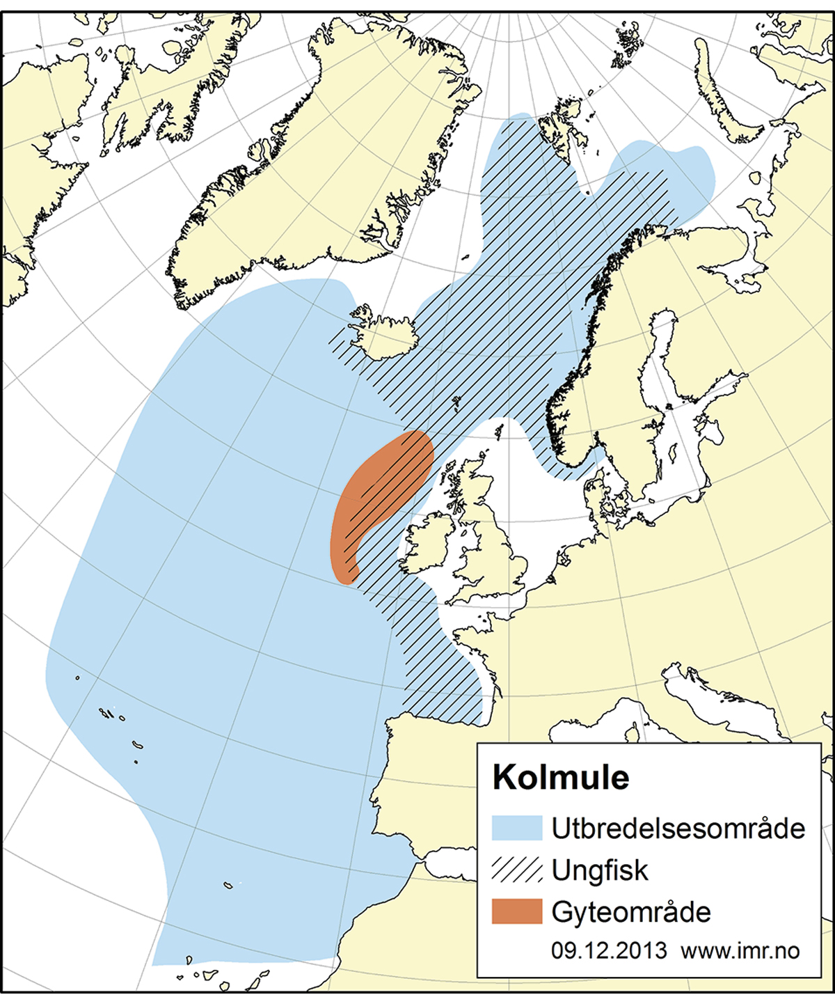 Figur 4.33 Utbreiingsområde og gyteområde for nordaustatlantisk kolmule.