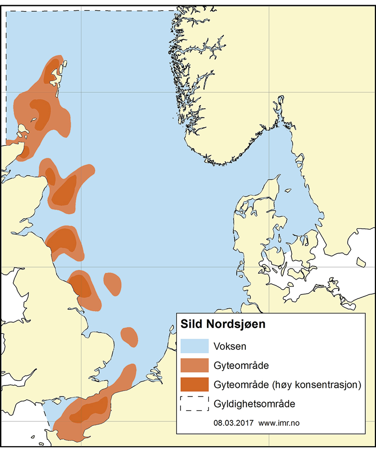 Figur 4.39 Utbreiingsområde og gyteområde for nordsjøsild.